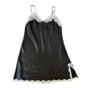 VICTORIA'S SECRET Black White Satin Slip Dress Lace Trim Lingerie Y2K MEDIUM